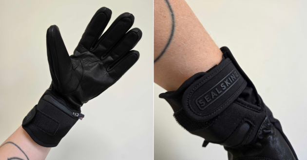 Goatskin leather palms and adjustable wrist straps on SealSkinz Stratton heated gloves