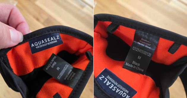 Aquasealz waterproof membrane and size labels inside SealSkinz Stratton gloves