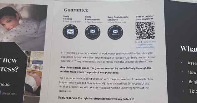 Sealy Ortho Plus Bronze mattress guarantee paperwork