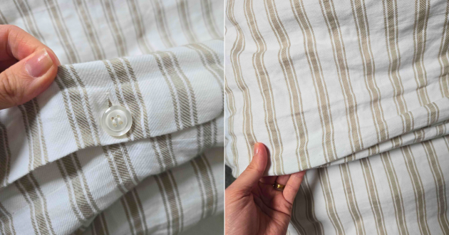 A view of the Secret Linen Store French Ticking Stripe Natural bedding set's button fastenings and detailing