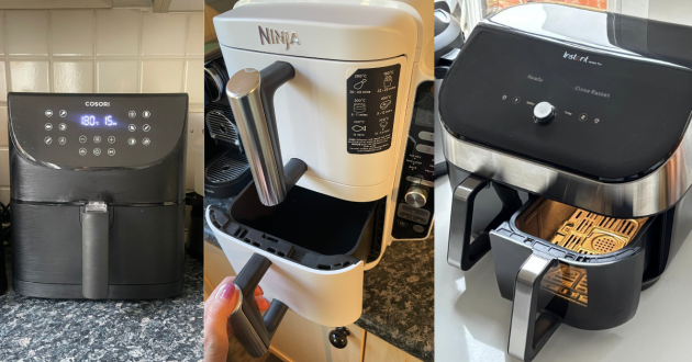 Selection of the best air fryers in testing, including Cosori, Ninja, Instant