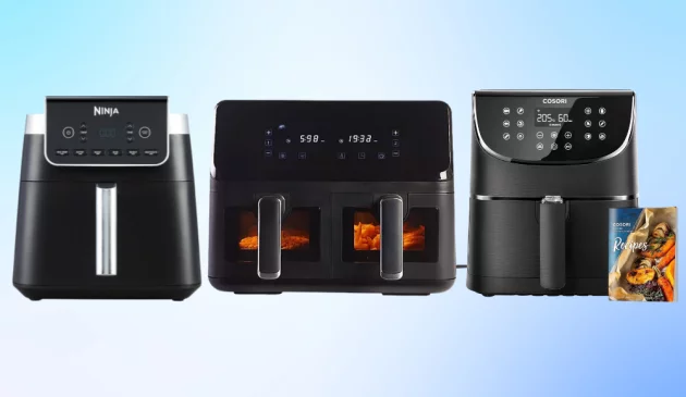 Selection of the best budget air fryers, including Ninja, Lakeland, and Cosori