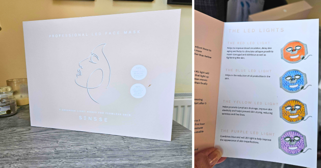 A side by side view of the SENSSE Professional LED Face Mask packaging and instructions included
