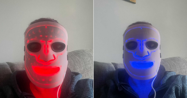A side by side view of our tester Christine showing the red and blue lights on the SENSSE face mask
