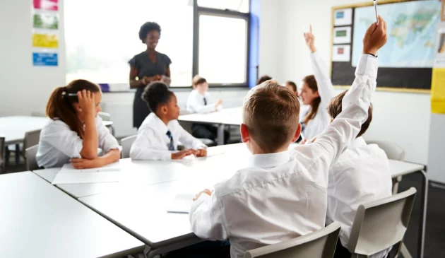 A classroom of students, the view is behind a boy's head with his arm raised for his teacher