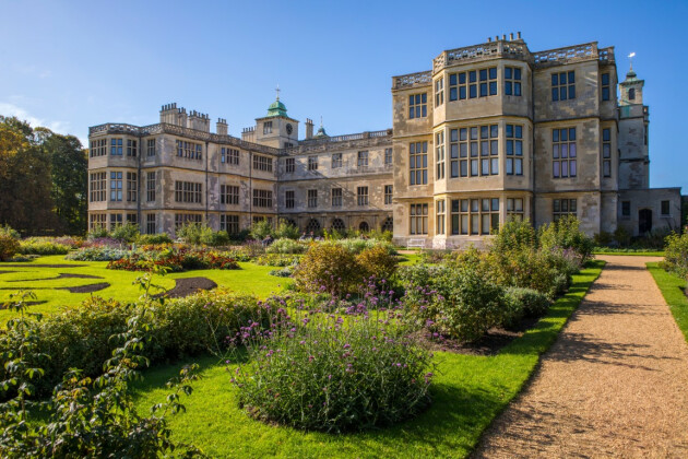 A front view of Audley End House and Gardens, Saffron Walden, Essex in the sunshine