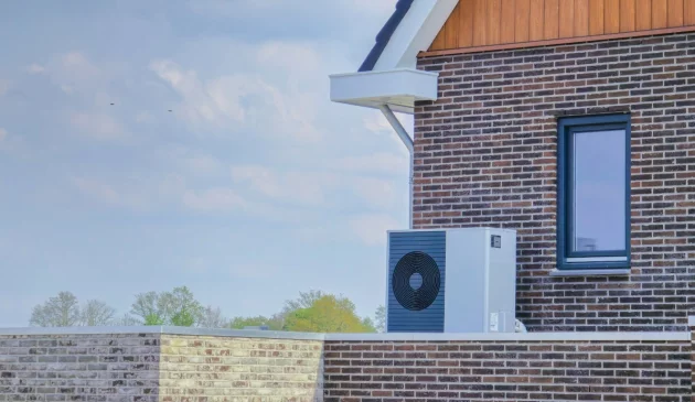 A heat pump atop a UK home wall in the sunshine