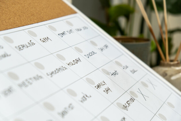 A view of a calendar from the side with something every day