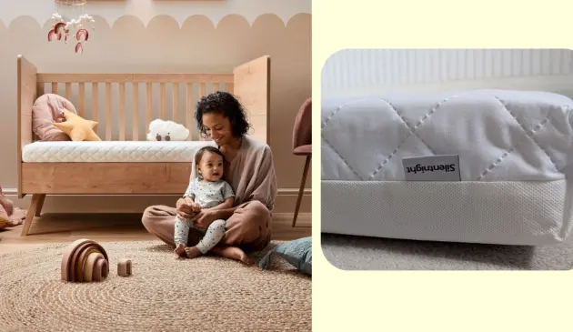 Mum in nursery with Silent nights cosy nights cot mattress