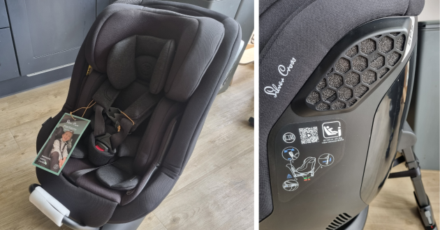 Silver Cross Perform car seat with newborn insert and close-up of side impact protection