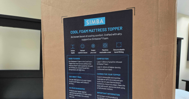 A close up of the Simba Cool Foam Mattress Topper box