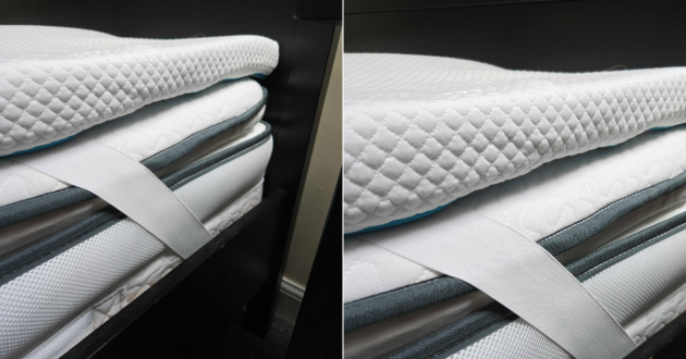 A close up of the straps of the Simba Cool Foam Mattress Topper