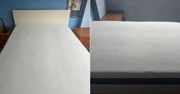 Collage showing top and side views of the Simba Hybrid Essential Mattress during testing