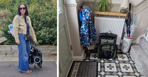 Womancarrying SmarTrike Wonder Max and image of it folded in hallway