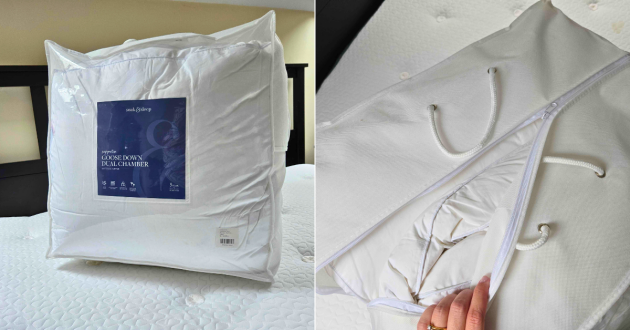 The Soak &  Sleep Goose Down Dual Chamber mattress topper in its bag