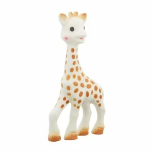 Sophie la Girafe teether - a cream coloured giraffe with brown spots and brown hooves and rosy cheeks
