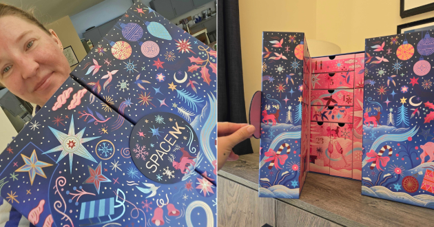 Two photos showing Rebecca holding the closed Space NK calendar and opening its doors to reveal pink numbered drawers