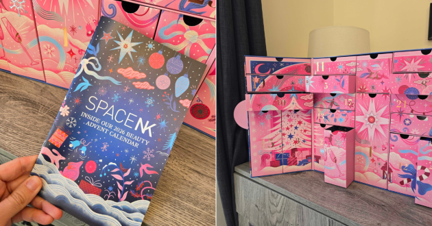 Two photos showing the calendar’s illustrated information booklet and its open pink drawers