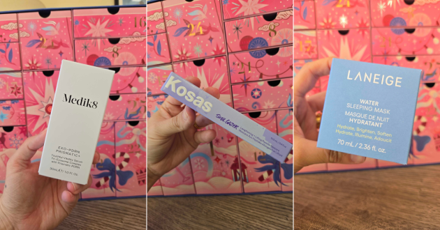 Three photos of the Medik8 Exo-PDRN serum, Kosas Soulgazer mascara and Laneige Water Sleeping Mask in front of the calenda