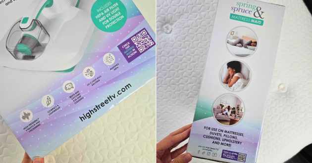 Close ups of the box for the Spring & Spruce Mattress Maid mattress cleaner