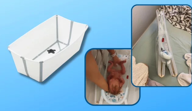 Stokke Flexi Bath review main image showing standalone bath, bath in use with a real baby and folded up