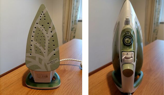 A split image showing the front and back of the Tefal Easygliss ECO iron. The soleplate is green with a leaf design. The stand, spray button and opening to the water tank are also green.