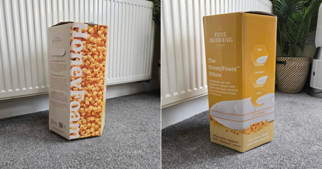 The hexagonal packaging of the HoneyFoam pillow from The Fine Bedding Company