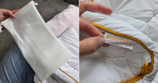 The accessories and branding of The HoneyFoam Pillow by The Fine Bedding Company