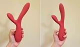 A side by side view of a hand holding the Smile Makers' The Artist dual motor rabbit vibrator