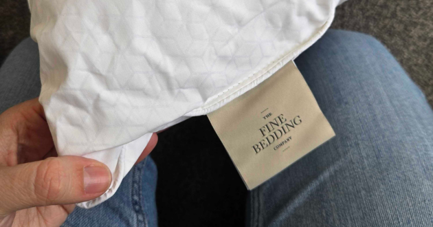 Close up of label on The Fine Bedding Company Cooling Smart Temperature Cotton Pillow