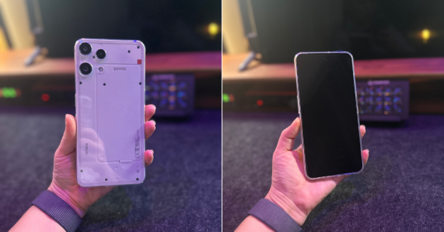 Hand holding the Other Phone showing the transparent-style back design and the front screen, a normal-looking smartphone built around SafetyMode parental controls for kids