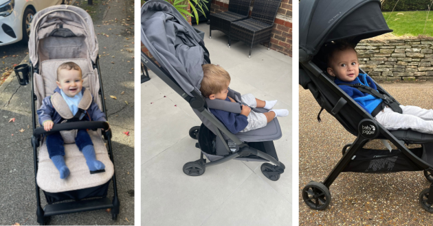 Three babies sitting in three lightweight strollers