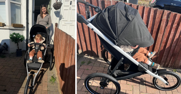 Mum and child with Thule Glide 3 outside a house