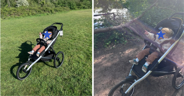 Child in countryside and woodland settings sat in the Thule Glide 3