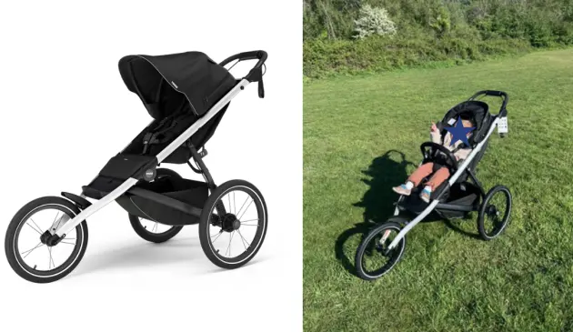 Child in Thule Glide 3 jogging pushchair in countryside