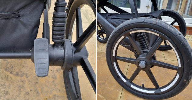 Close ups of the Thule Urban Glide 4-Wheel footbrake and rear wheel