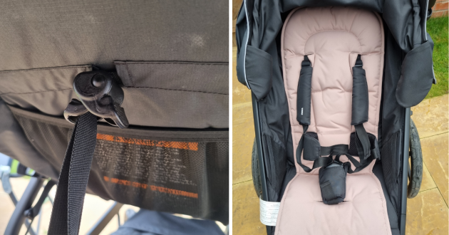 Close ups of the Thule Urban Glide 4-Wheel seat and seat recline toggle