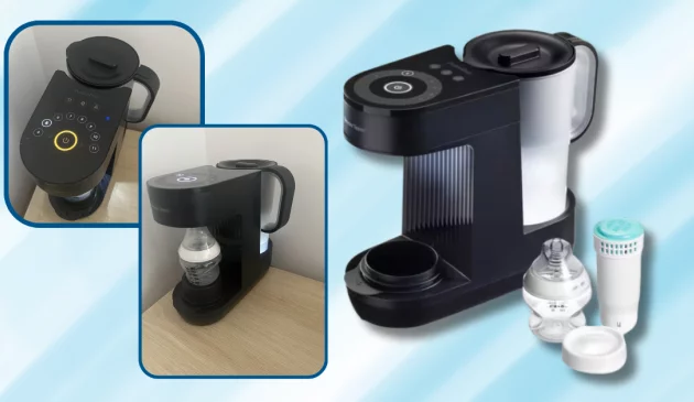 Tommee Tippee Perfect Prep review featuring two images of the machine in testing and one main image of product
