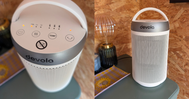 Top and front of Devola portable fan heater