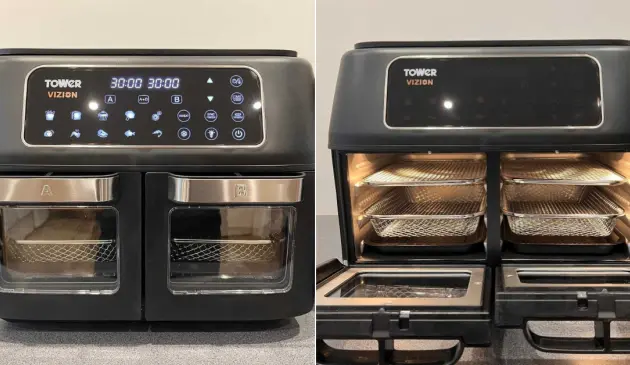 Tower Vortx Vizion 11L dual air fryer oven showing digital control panel and two glass-fronted compartments, closed and open views