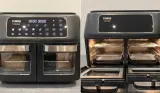 Tower Vortx Vizion 11L dual air fryer oven showing digital control panel and two glass-fronted compartments, closed and open views