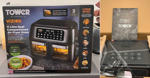 Box packaging of the Tower Vortx Vizion 11 litre dual compartment air fryer oven on a kitchen worktop