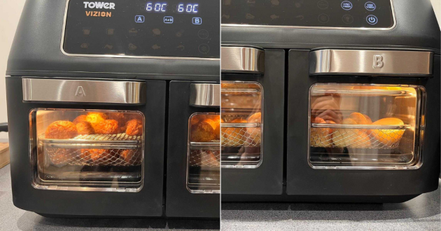 A view of the Tower Vortx Vizion dual air fryer oven cooking roast potatoes in both A and B sides