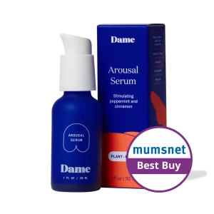 A product image of the DAME Arousal Serum 30ml with a Mumsnet best buy badge