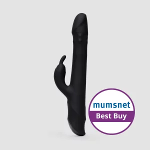 A product image of the Lovehoney Love Thruster Rechargeable Thrusting Rabbit Vibrator with a Mumsnet best buy badge