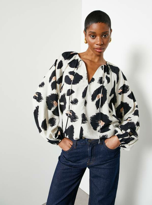 For All the Love Printed Tie Neck Volume Blouse