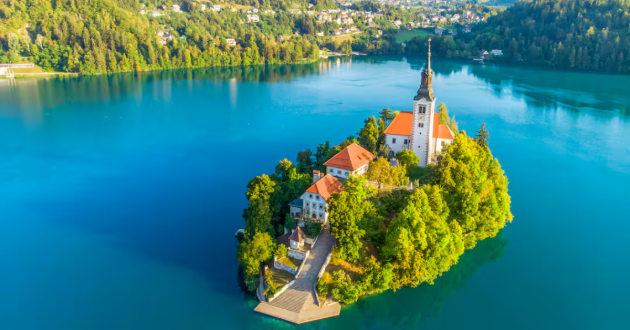 An aerial shot of Lake Bled in Slovenia