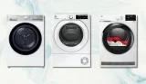 3 heat pump tumble dryers on a white marbled background