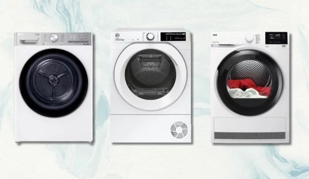3 heat pump tumble dryers on a white marbled background