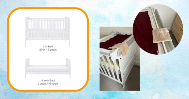 Tutti Bambini Rio cot bed review image showing cot conversion into toddler bed and two review testing images